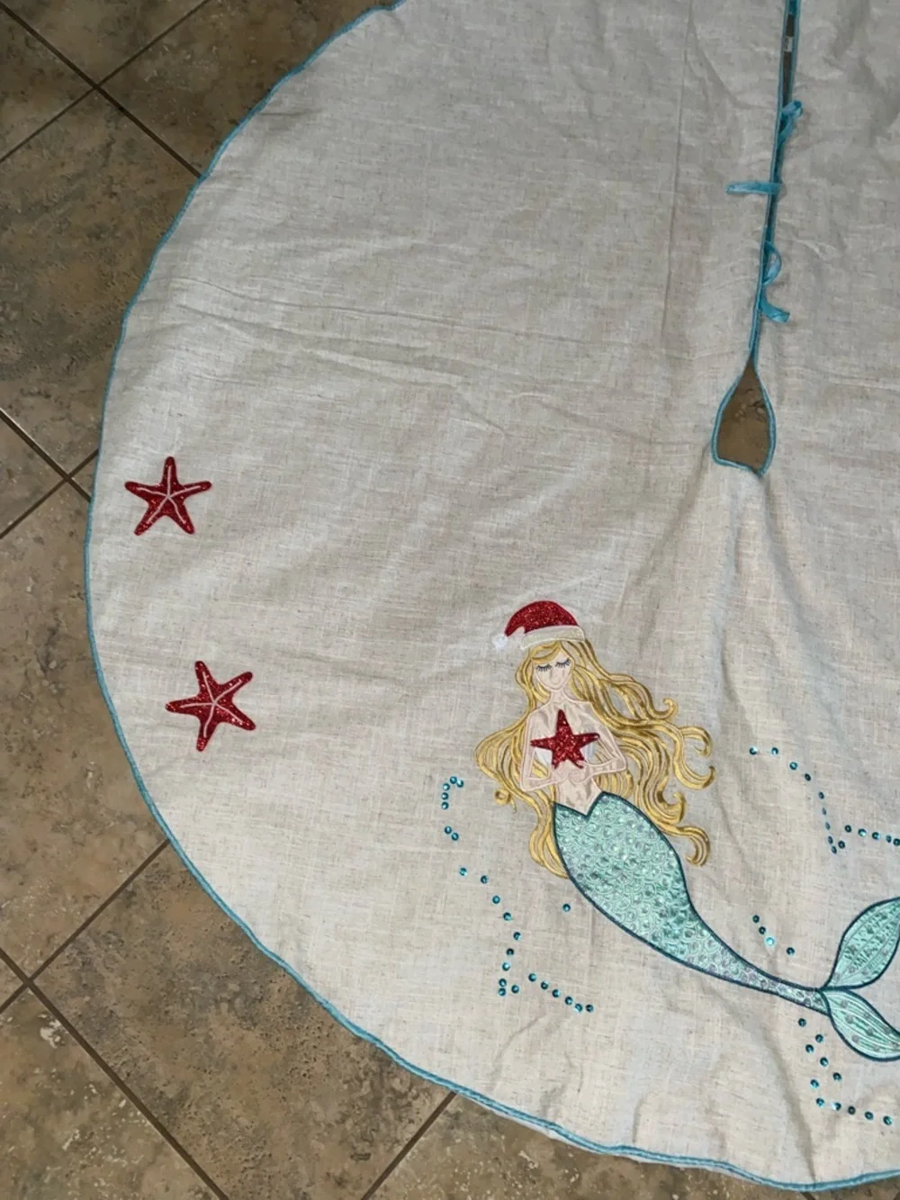 Mermaid Starfish Embroidered Coastal Turquoise White Christmas 52”W Tree Skirt